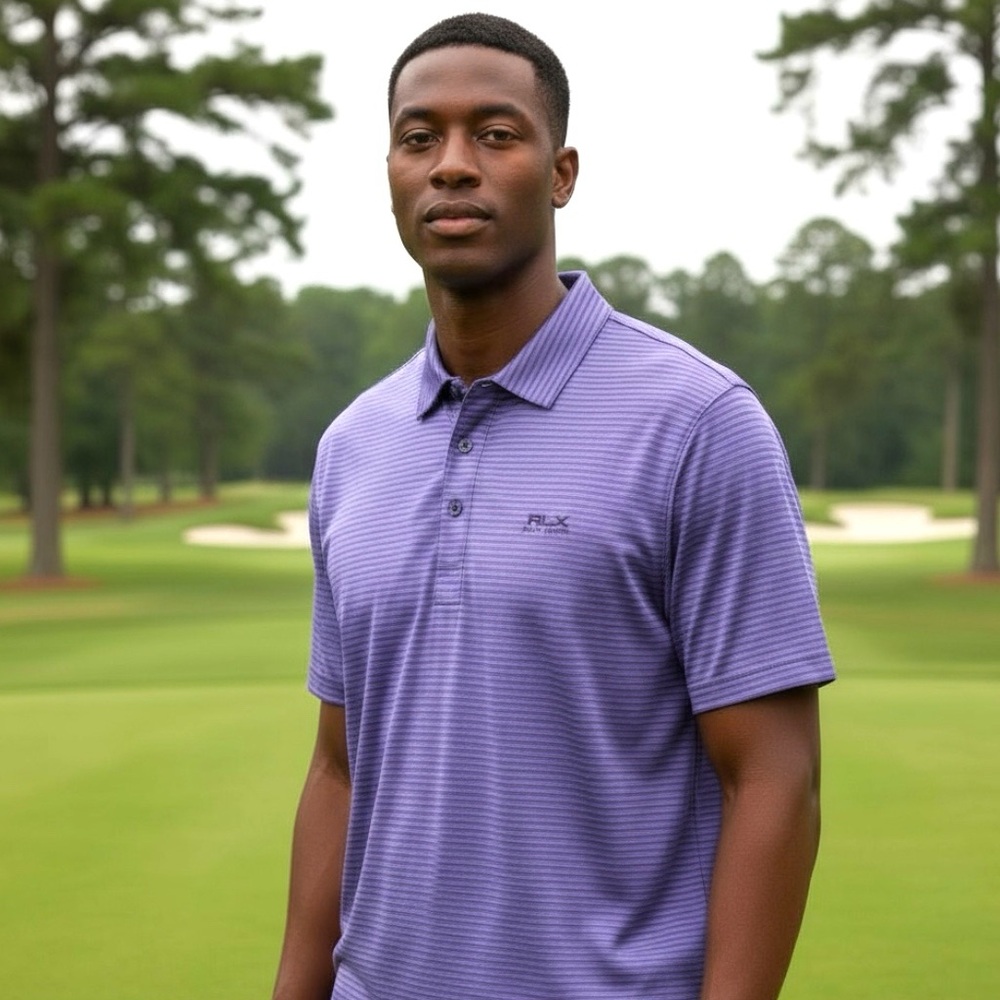 Ralph Lauren RLX Golf Polo Performance Stretch Large Purple‎ Gray Stripe Wicking